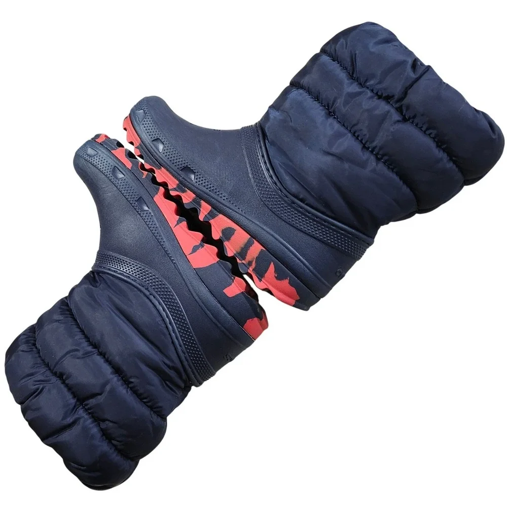 Crocs Neo Puff Snow Boots Kids J2 Navy Blue Red Warm Faux Fur Lined 207684